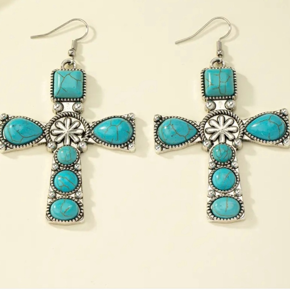 NEW - Turquoise Cross Earrings, Western Jewelry, Faith Turquoise Jewelry - Picture 3 of 3